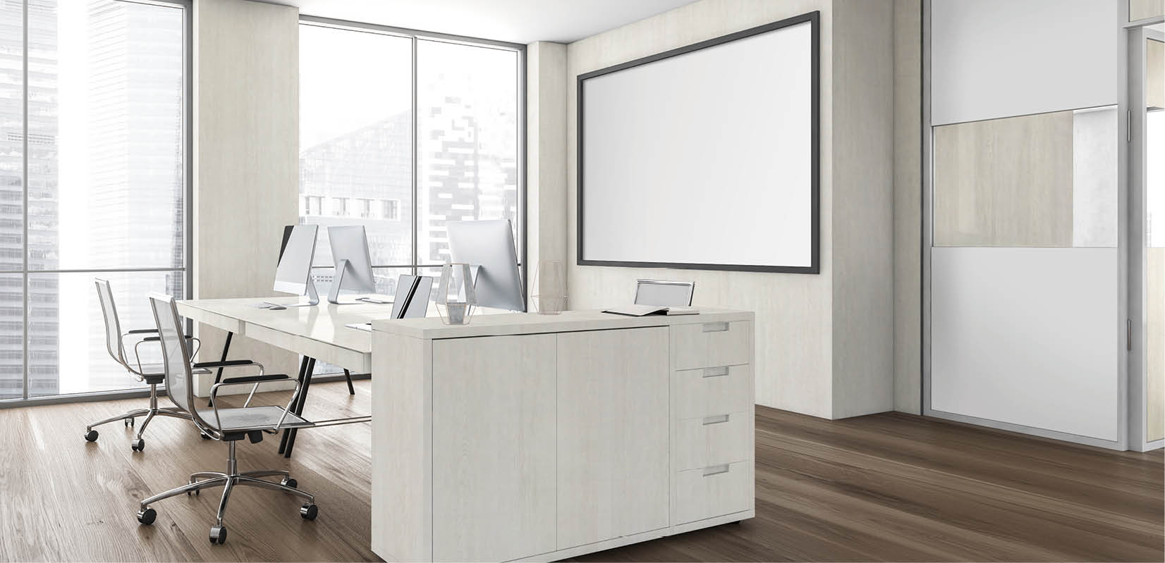 Coworking office interior with panoramic city view, furniture and equipment. Workplace and lifestyle concept. 3D Rendering. Mock up poster on wall