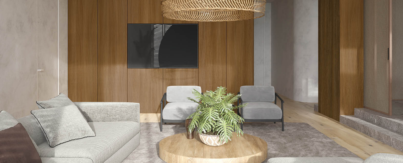 Minimalism modern interior scandinavian design. Bright studio living room. Cozy design large modular sofa, large wooden lamp, tv and green plants. 3d rendering. 3d illustration.