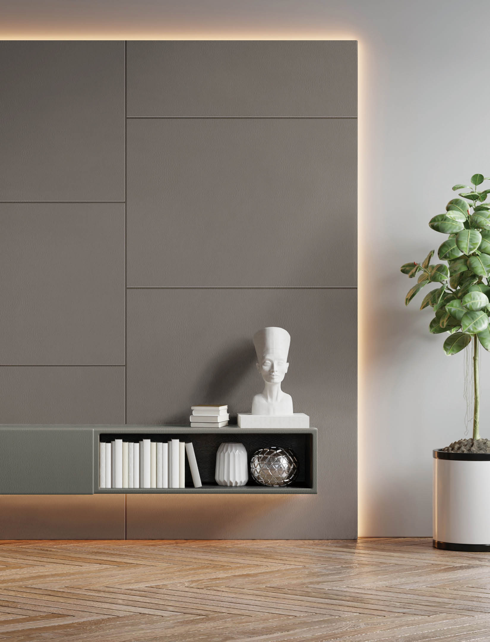 Cabinet TV in modern living room with armchair,table,flower and plant on concrete wall background,3d rendering