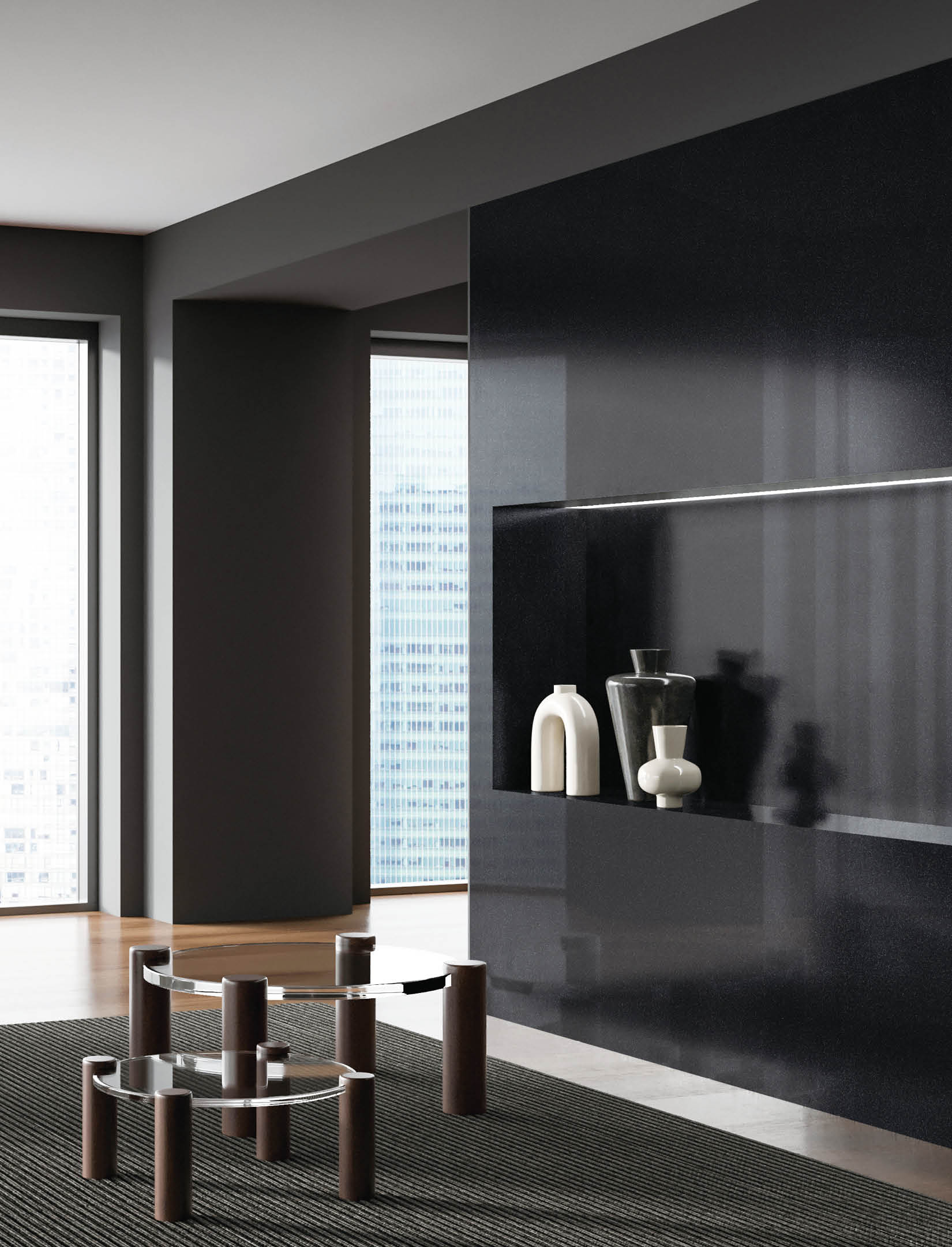 Corner view on dark living room interior with panoramic window, coffee table, armchair, shelf with crockery, carpet on oak wooden floor, lamp. Concept of place for meeting. 3d rendering